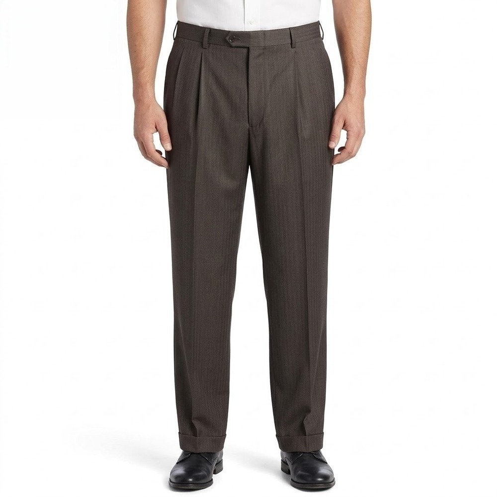 Jos. A. Bank L43 Pleated 100% Wool Brown Herringbone Suit Pants 43L EUC